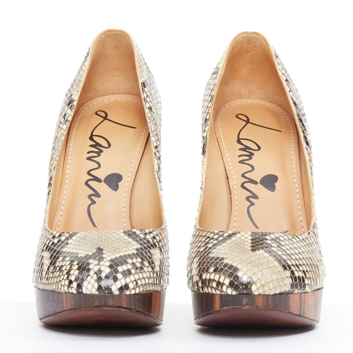 LANVIN 2011 beige scaled leather brown wood platform pumps EU36.5