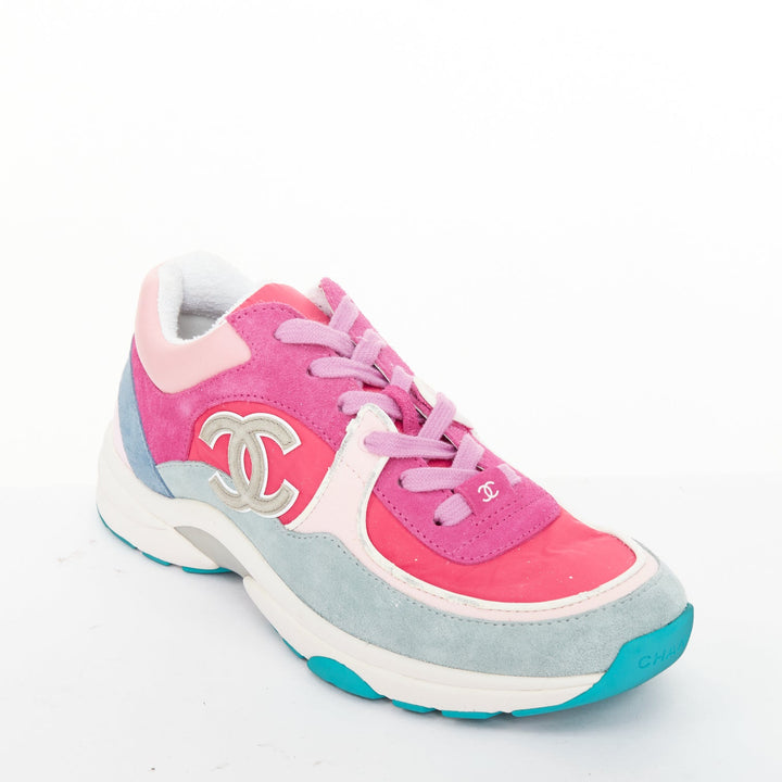 CHANEL 2018 pink blue suede fabric CC logo low top chunky sneakers EU38.5