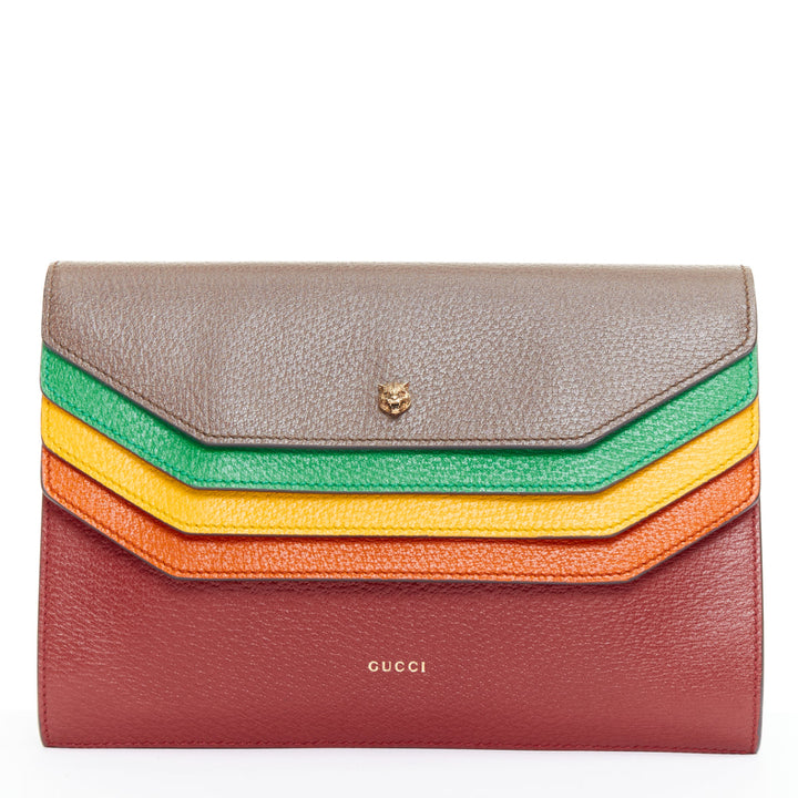 GUCCI 2017 Runway Totem rainbow brown leather flap envelop clutch bag