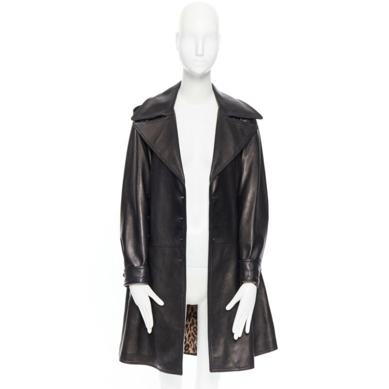 DOLCE & GABBANA dark brown nappa leather double breasted silver buckle belt coat