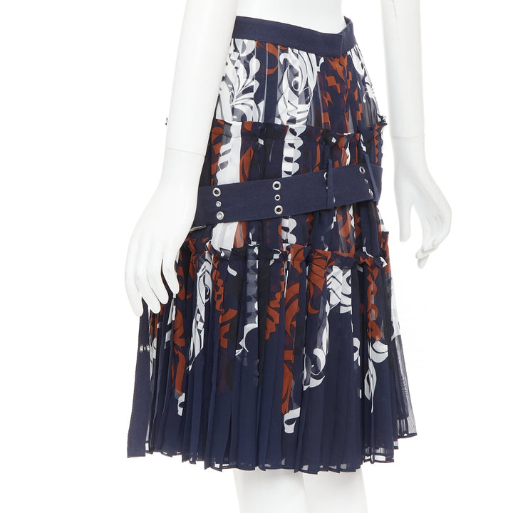 SACAI 2016 navy orange white printed pleated cotton eyelet belt skirt JP1 S