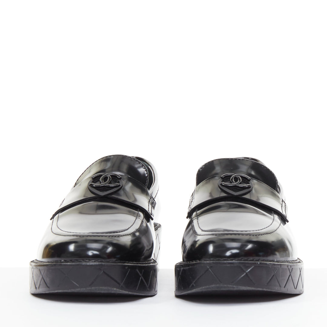 CHANEL 24K Heart CC black  leather quilted platform penny loafers shoes EU39.5