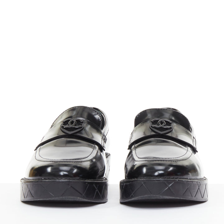 CHANEL 24K Heart CC black  leather quilted platform penny loafers shoes EU39.5