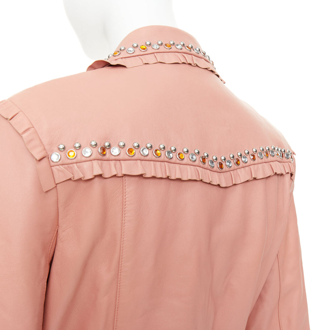 MIU MIU 2016 Runway ruffle studded crystal trim lambskin leather jacket IT42 M