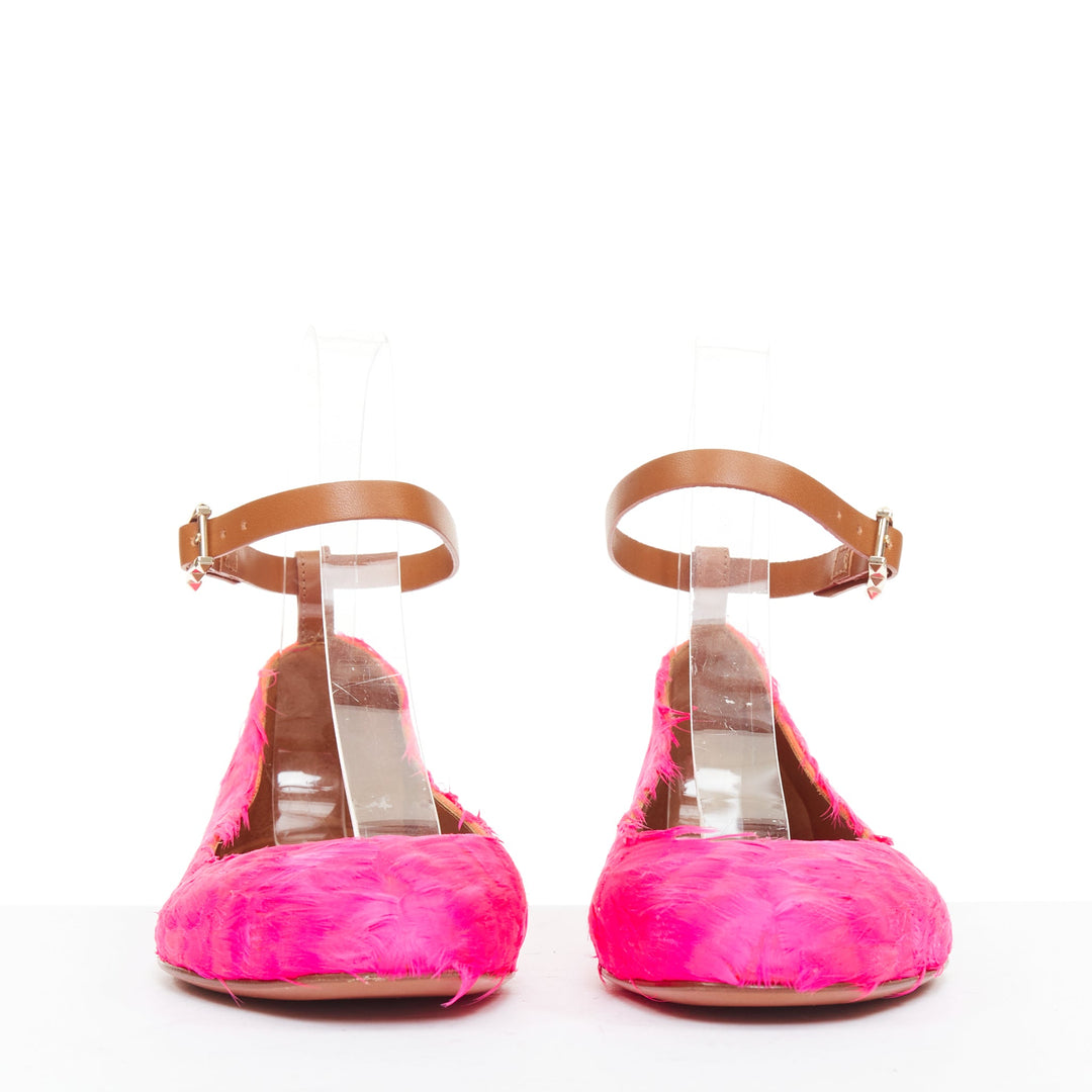 VALENTINO hot fuchsia pink turkey feather leather ankle strap flats EU37