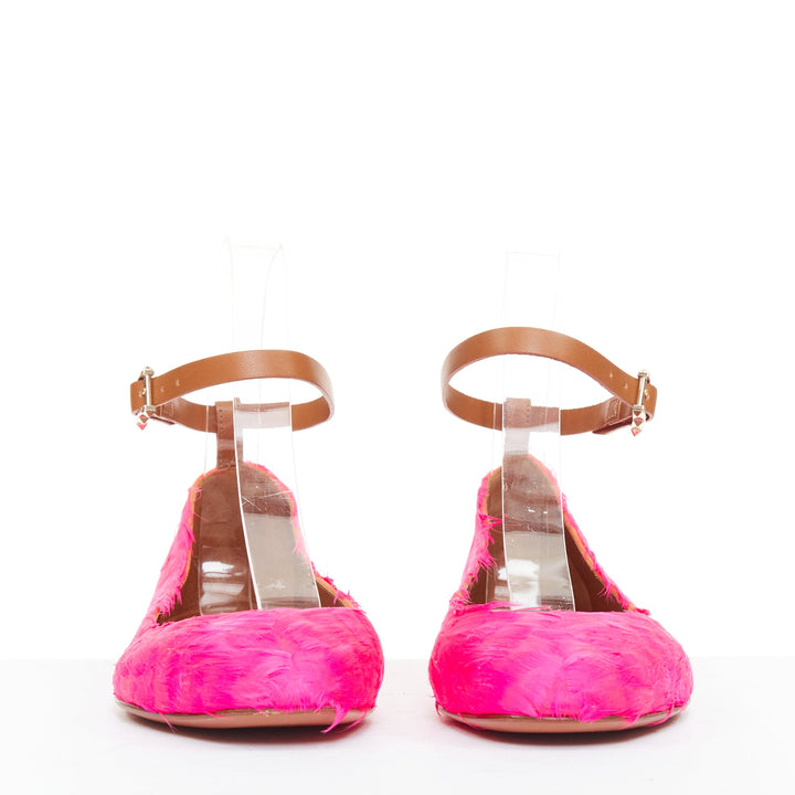 VALENTINO hot fuchsia pink turkey feather leather ankle strap flats EU37