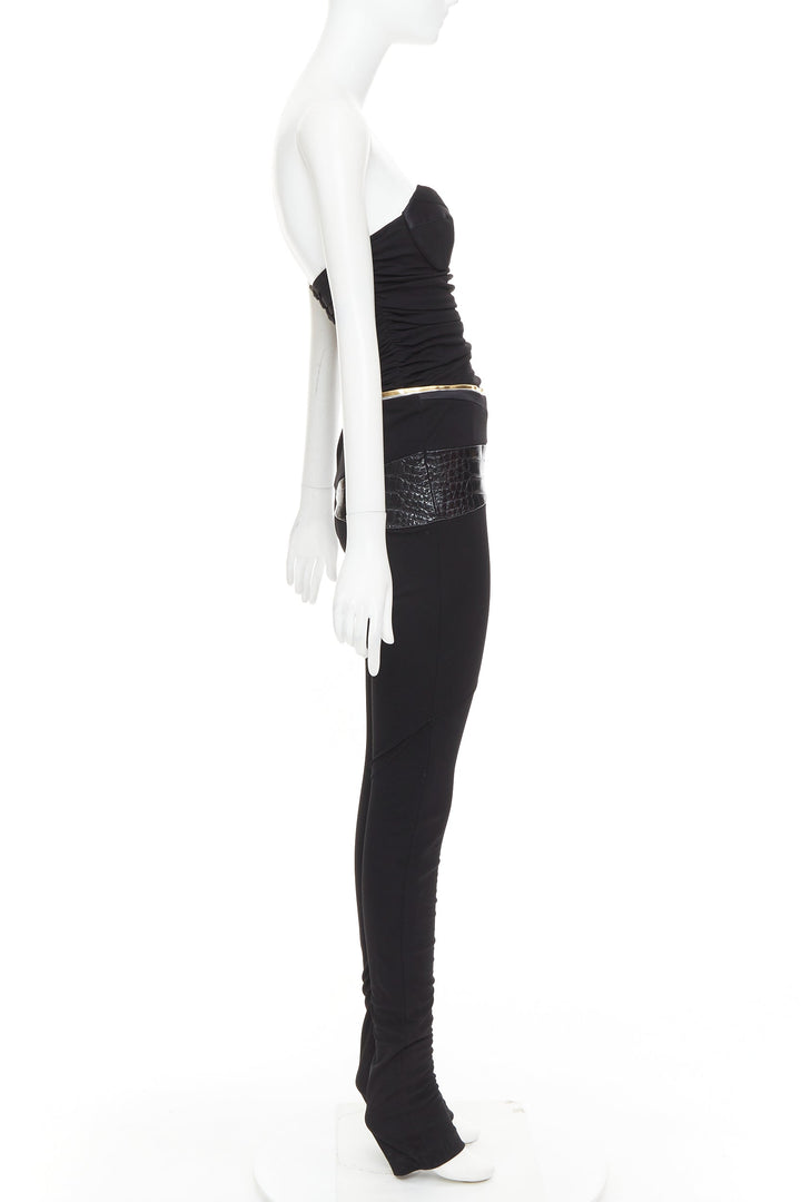 ALEXANDRE VAUTHIER Vintage black faux croc patchwork sweetheart bust jumpsuit