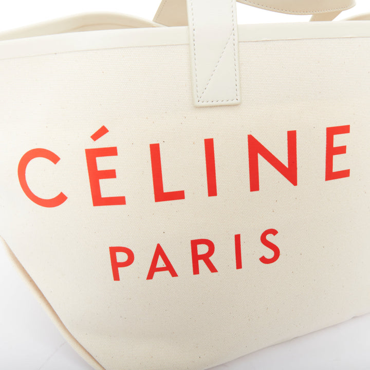 CELINE 2018 Made In white canvas cream leather trim small red logo open tote bag