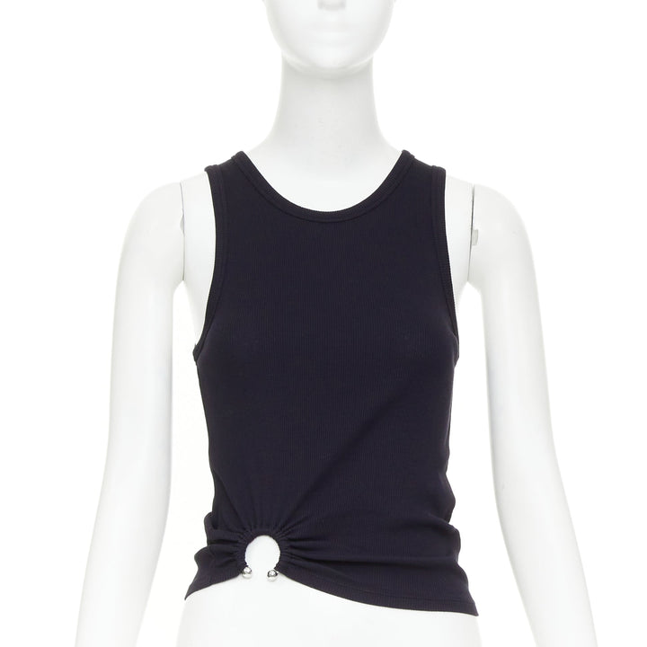 PACO RABANNE black silver piercing ring detail gathered ribbed tank top IT38 XS