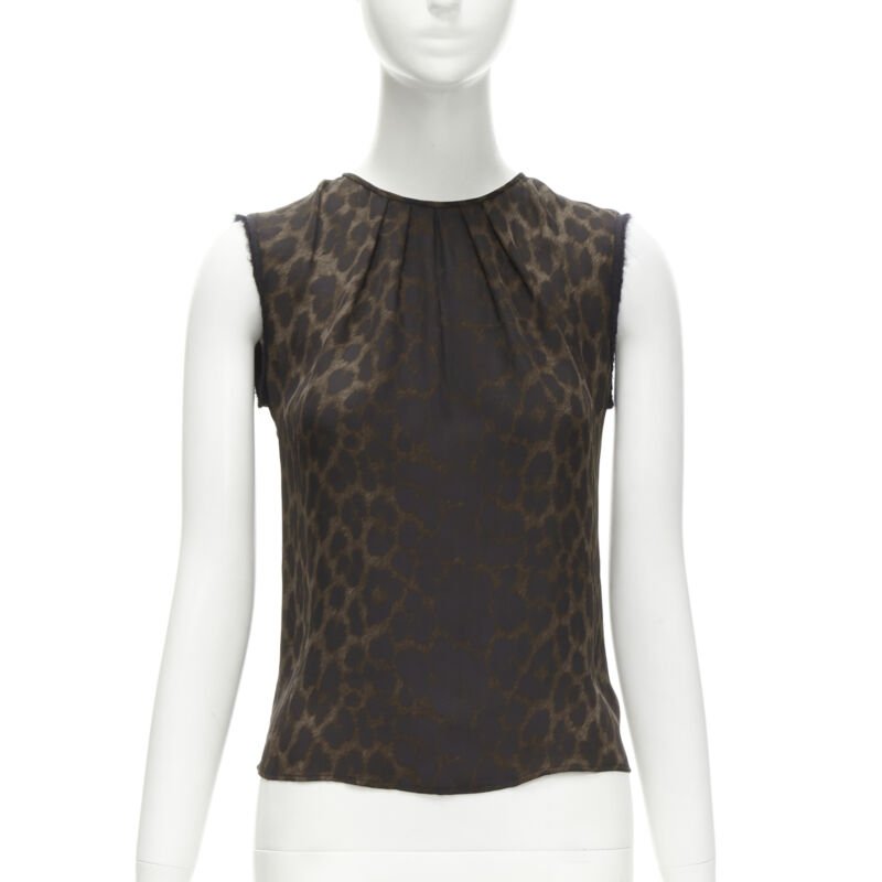 GIAMBATTISTA VALLI silk brown black ombre leopard gathered neck vest IT38 XS