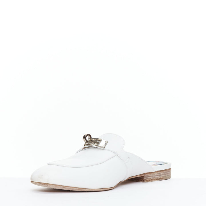 HERMES Oz white calfskin leather silver Kelly turnlock mules EU37