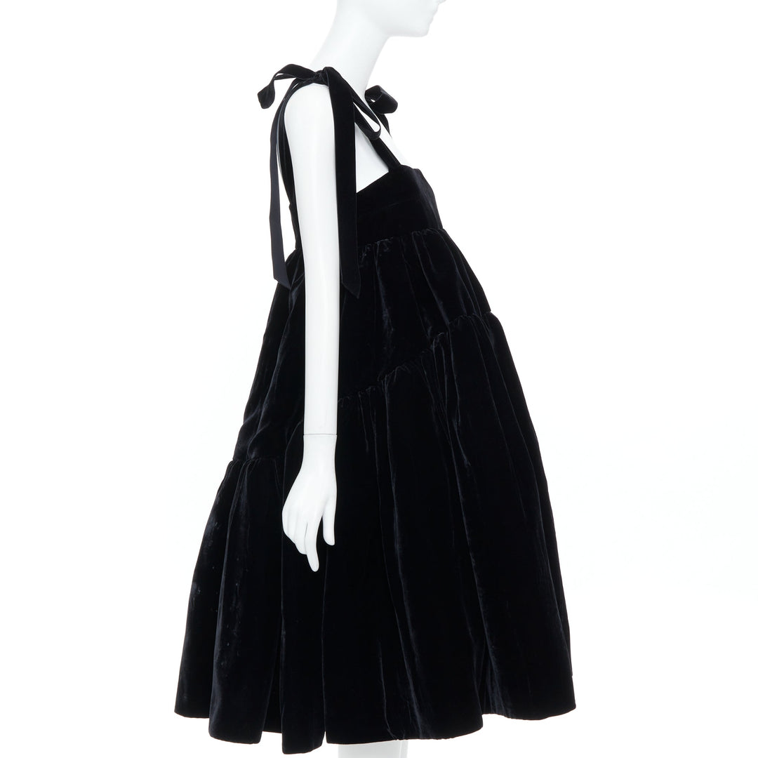 CECILIE BAHNSEN 2018 Runway Bey black velvet tiered tie shoulder dress UK8 S