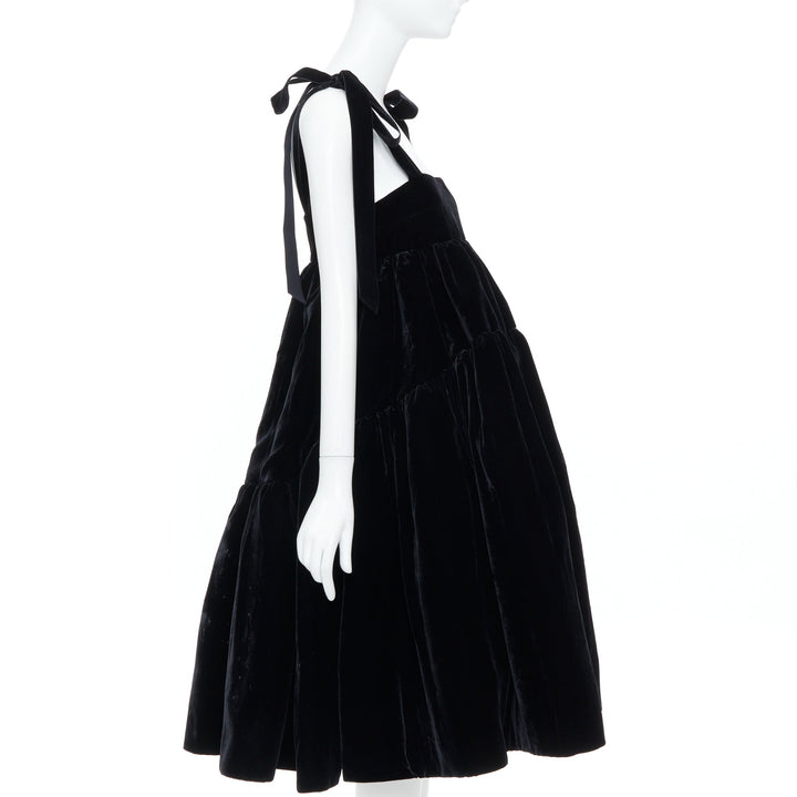 CECILIE BAHNSEN 2018 Runway Bey black velvet tiered tie shoulder dress UK8 S