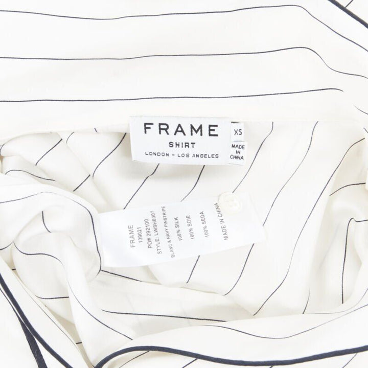 FRAME 100% silk white black vertical stripe black piping casual pyjama shirt XS