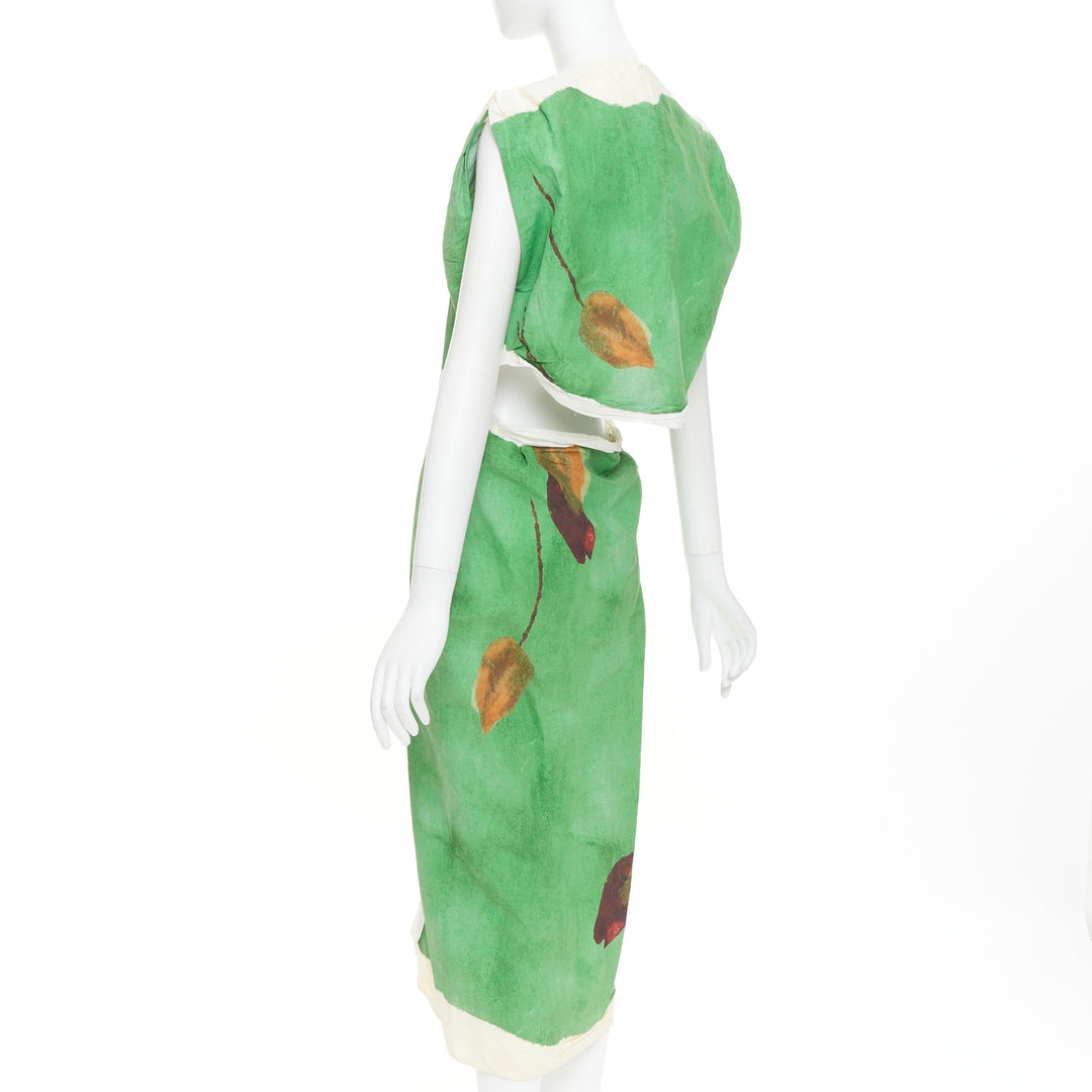PRADA 2023 Runway green paper blend brown floral print crinkled dress IT38 XS