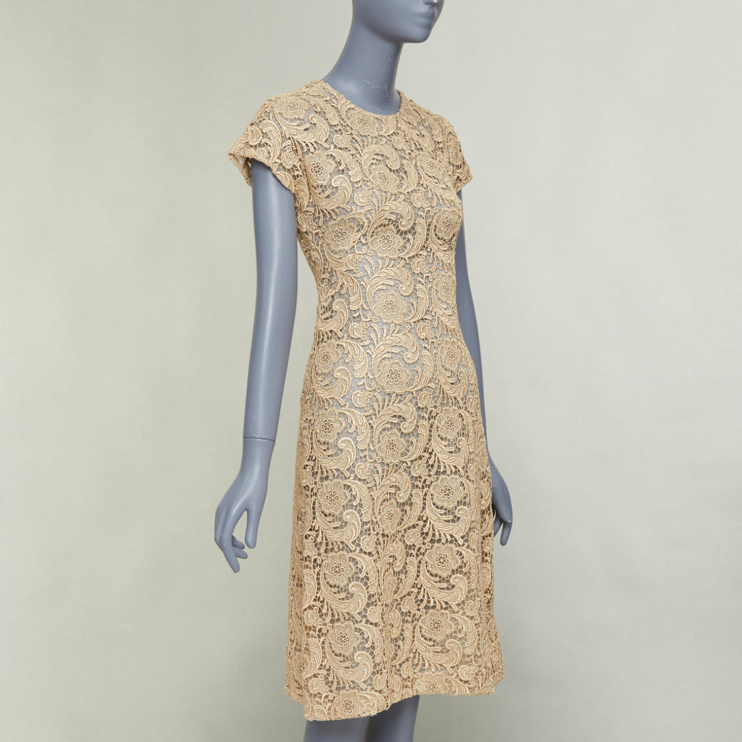 PRADA 2008 Vintage gold metallic 3D guipure lace cap sleeve dress IT38 XS