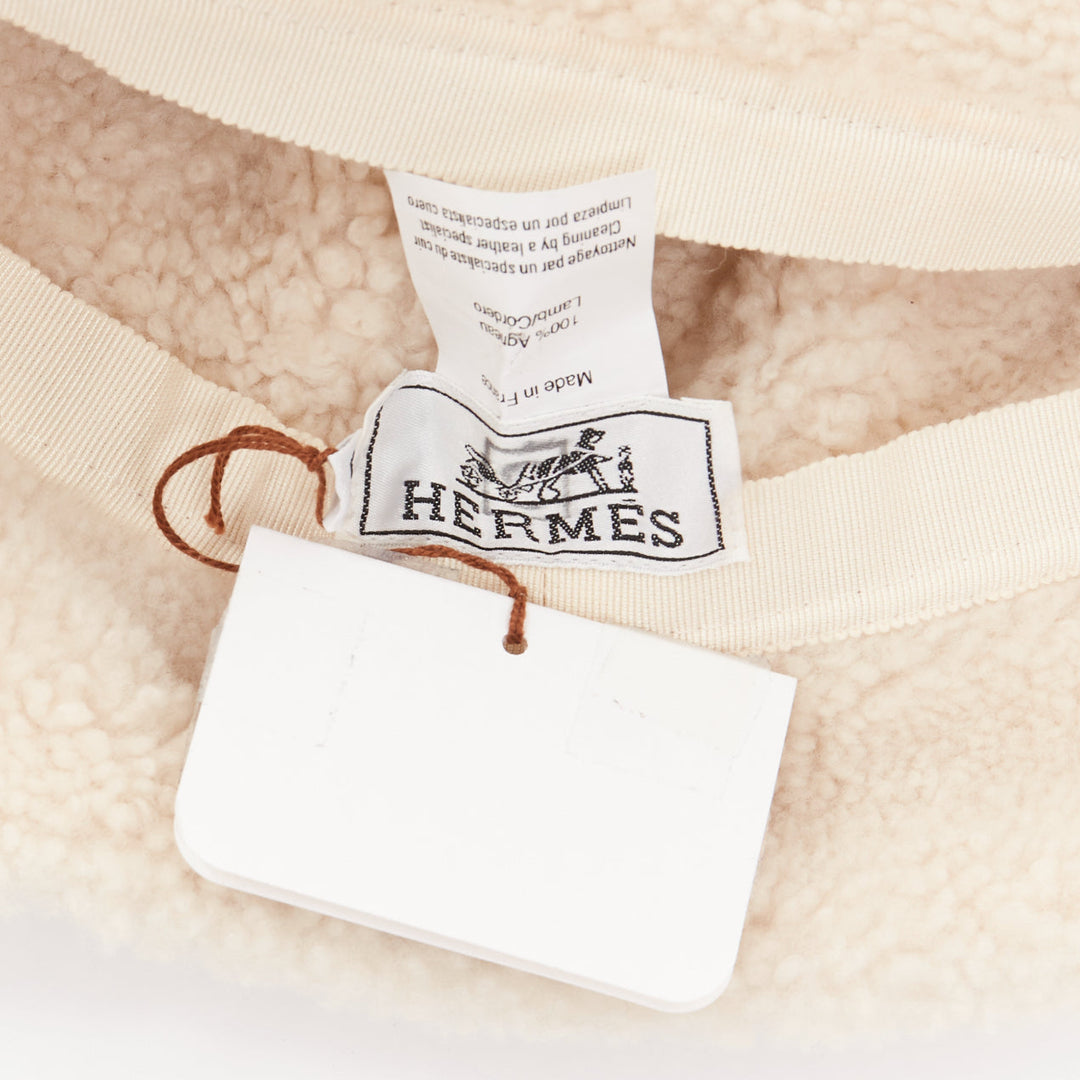 HERMES Mouton Moelluex light grey lambskin suede shearling trapper hat 56cm
