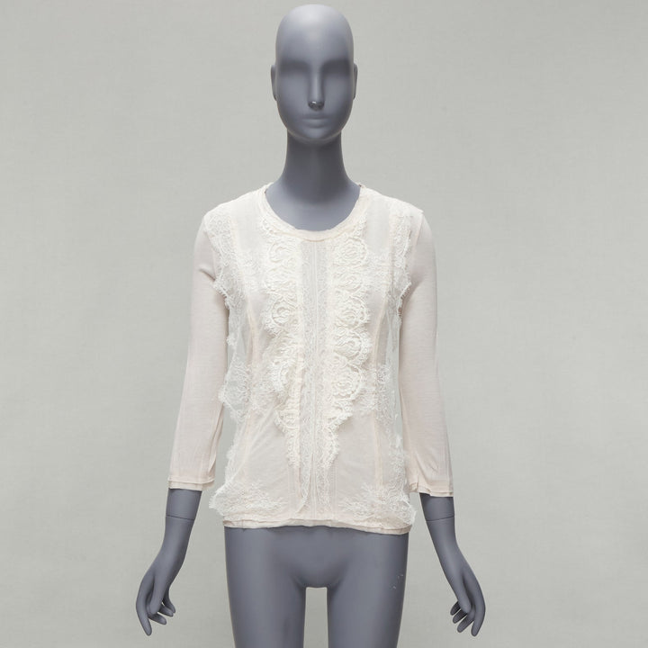 LANVIN off white lace overlay asymmetric cropped 3/4 sleeve top FR32 XXS