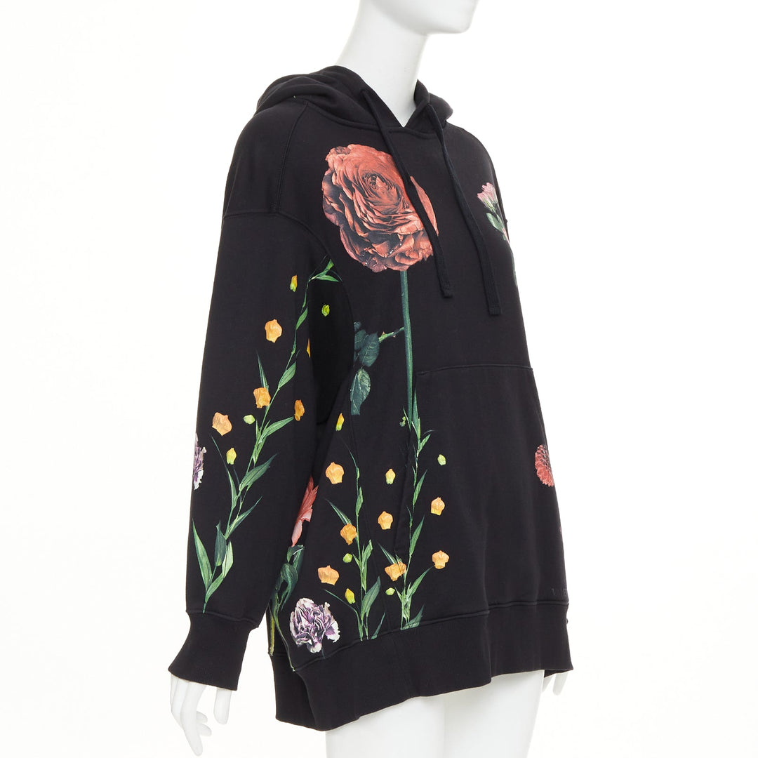 VALENTINO black cotton oversized macro rose floral print pouch hoodie M