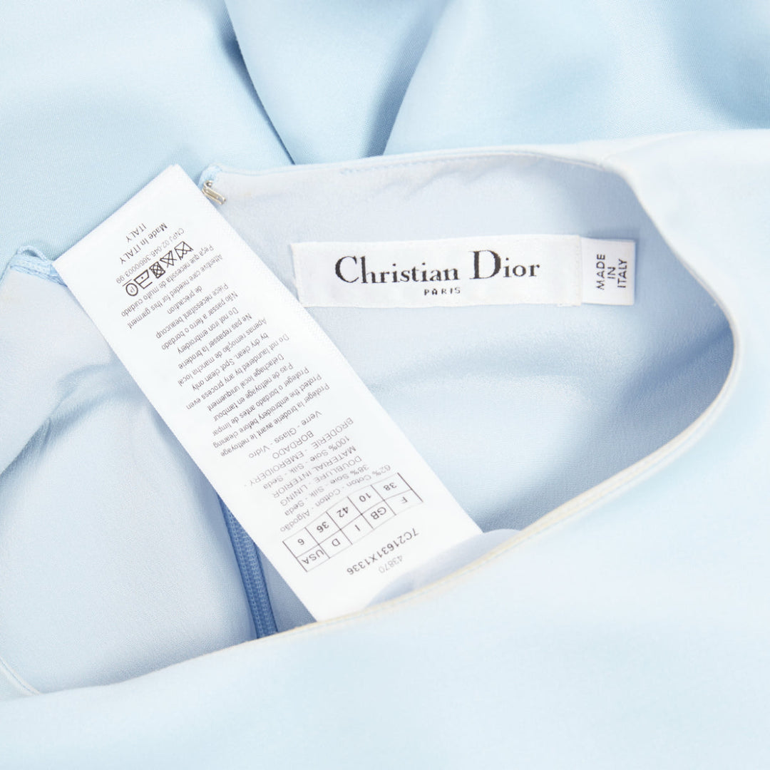 CHRISTIAN DIOR Beaded Hem light blue cotton silk fit flare dress FR38 M