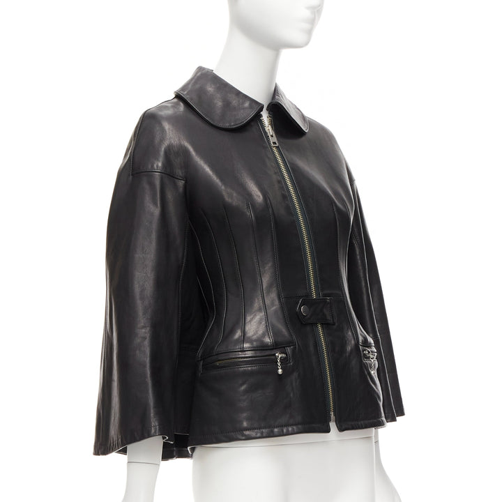 JUNYA WATANABE 2011 Runway black leather corset bodice cape sleeve jacket XS