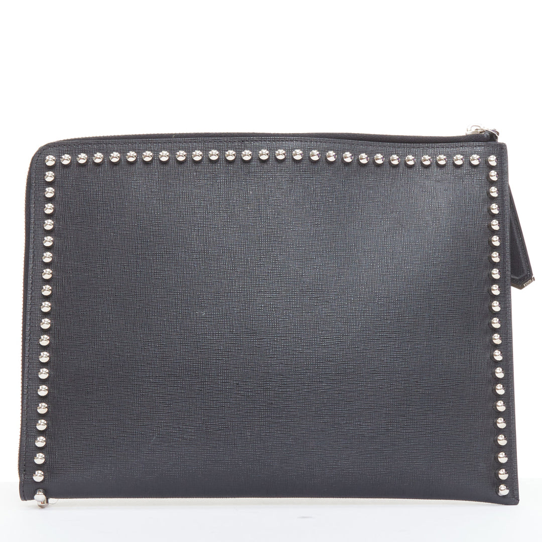 FENDI Karlito black mink fur white leather studded saffiano portfolio clutch bag