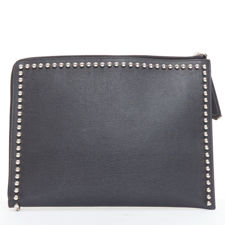 FENDI Karlito black mink fur white leather studded saffiano portfolio clutch bag