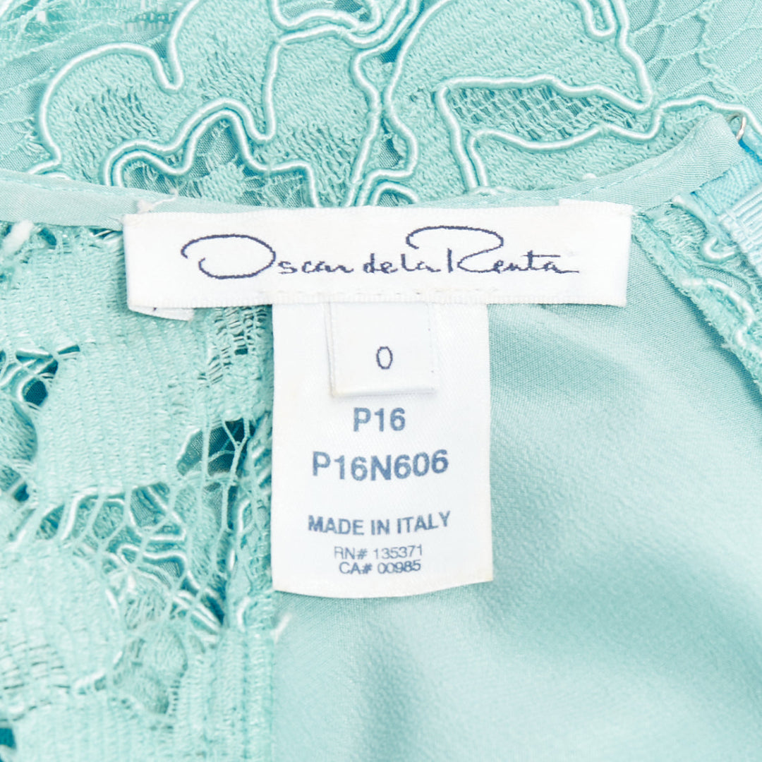 OSCAR DE LA RENTA P16 turquoise green cotton blend floral lace dress US0 XS