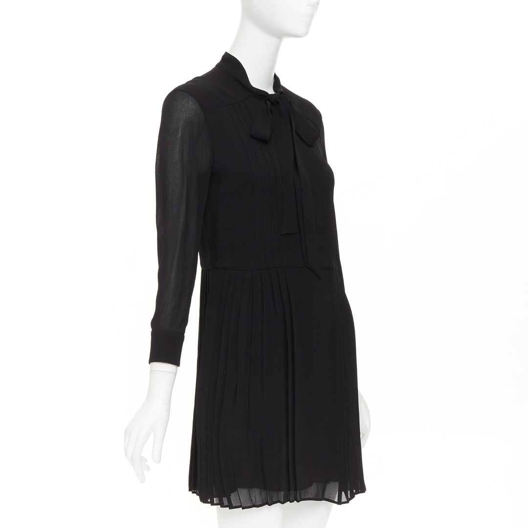 SAINT LAURENT 2013 black acetate blend pussybow pleated mini dress FR36 S