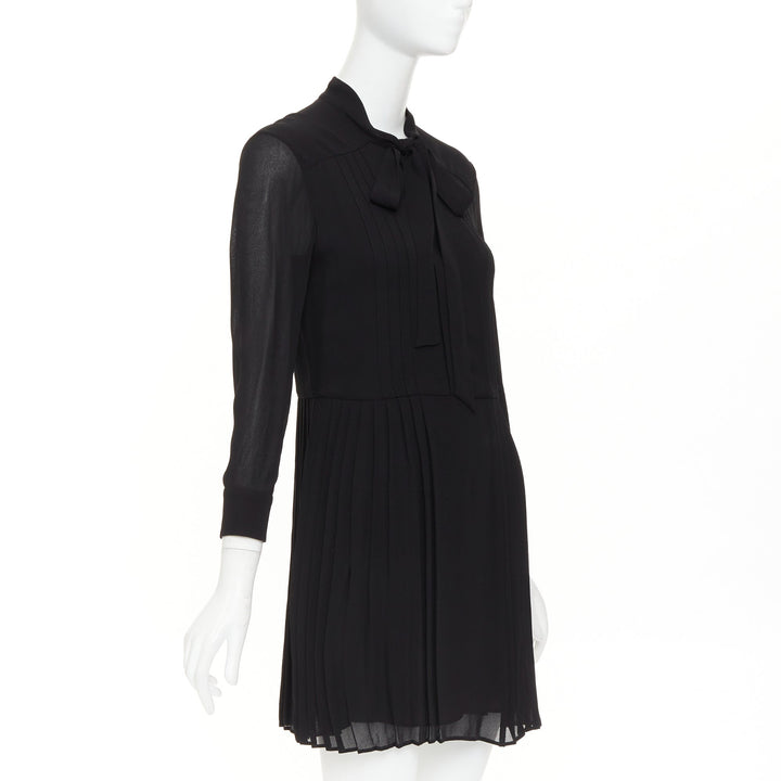 SAINT LAURENT 2013 black acetate blend pussybow pleated mini dress FR36 S