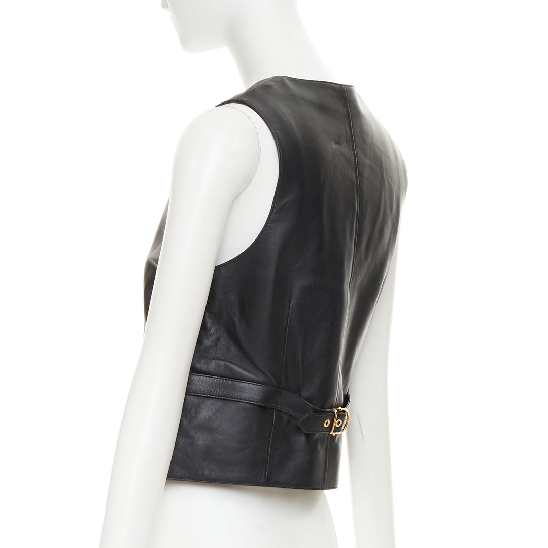 CELINE black lambskin leather gold Triomphe button waistcoat vest FR36 S