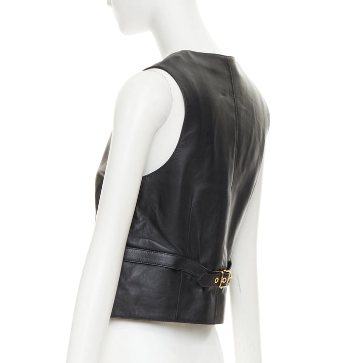 CELINE black lambskin leather gold Triomphe button waistcoat vest FR36 S