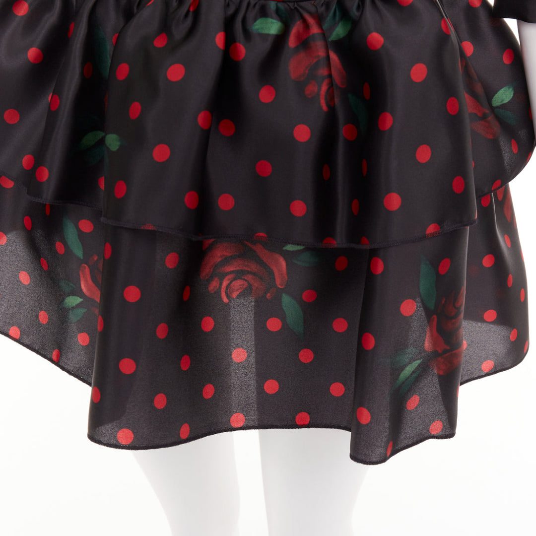 ALESSANDRA RICH 2019 Polka Dot Rose Print silk ruffled puff sleeve dress IT38 XS