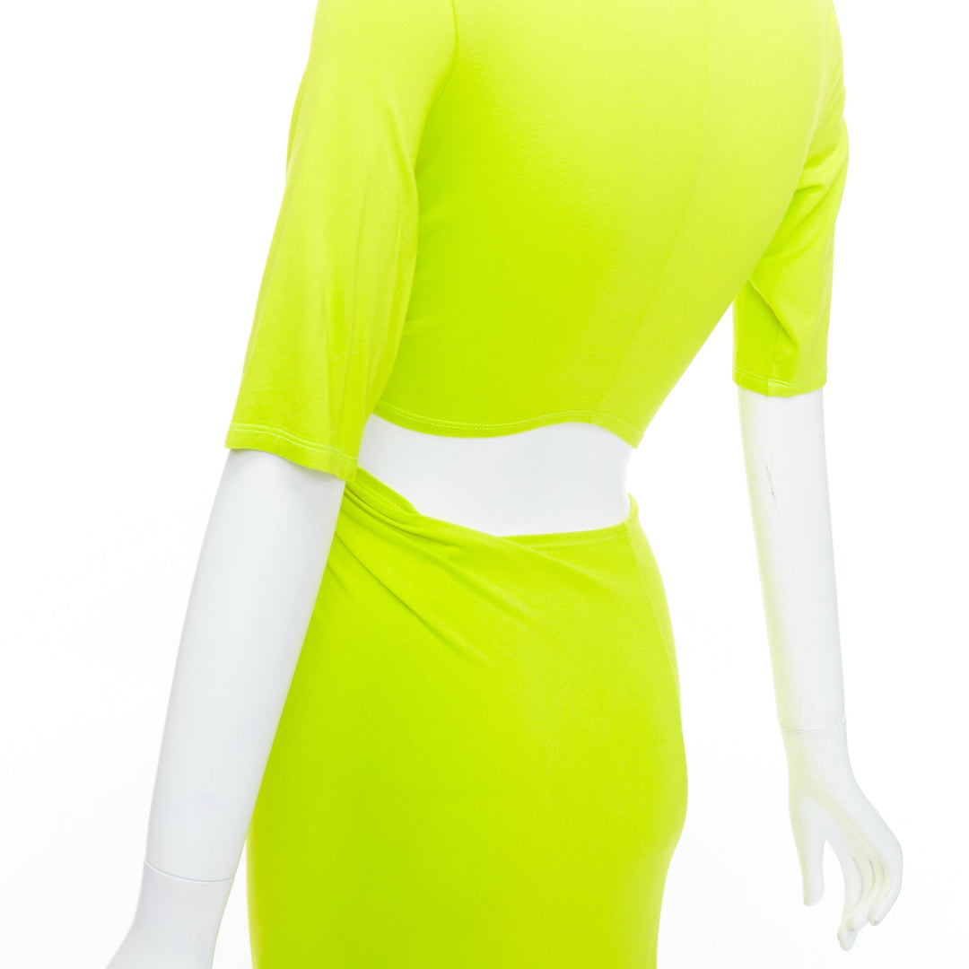 SID NEIGUM neon yellow stretch satin twist cut out draped dress XS