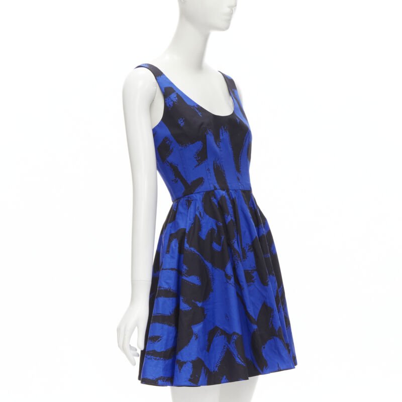 ALEXANDER MCQUEEN 2022 black blue abstract print fit flared scoop dress It38 S
