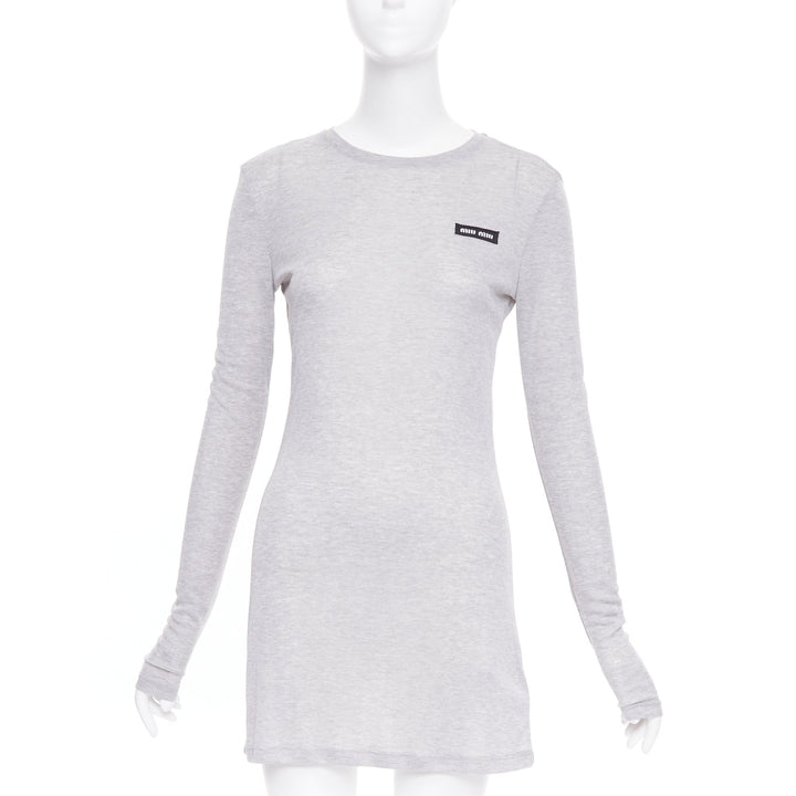 MIU MIU 2022 grey black logo tab crew neck long sleeve tshirt dress IT36 XXS