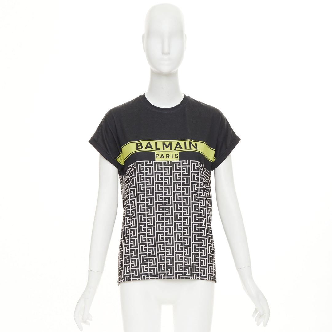 BALMAIN black yellow logo graphic printed rolled sleeves tshirt XS