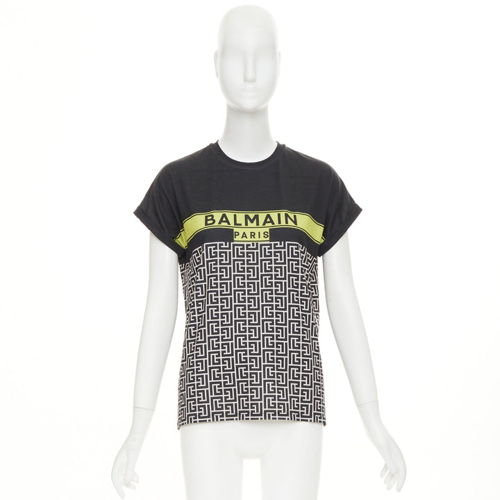 BALMAIN black yellow logo graphic printed rolled sleeves tshirt XS
