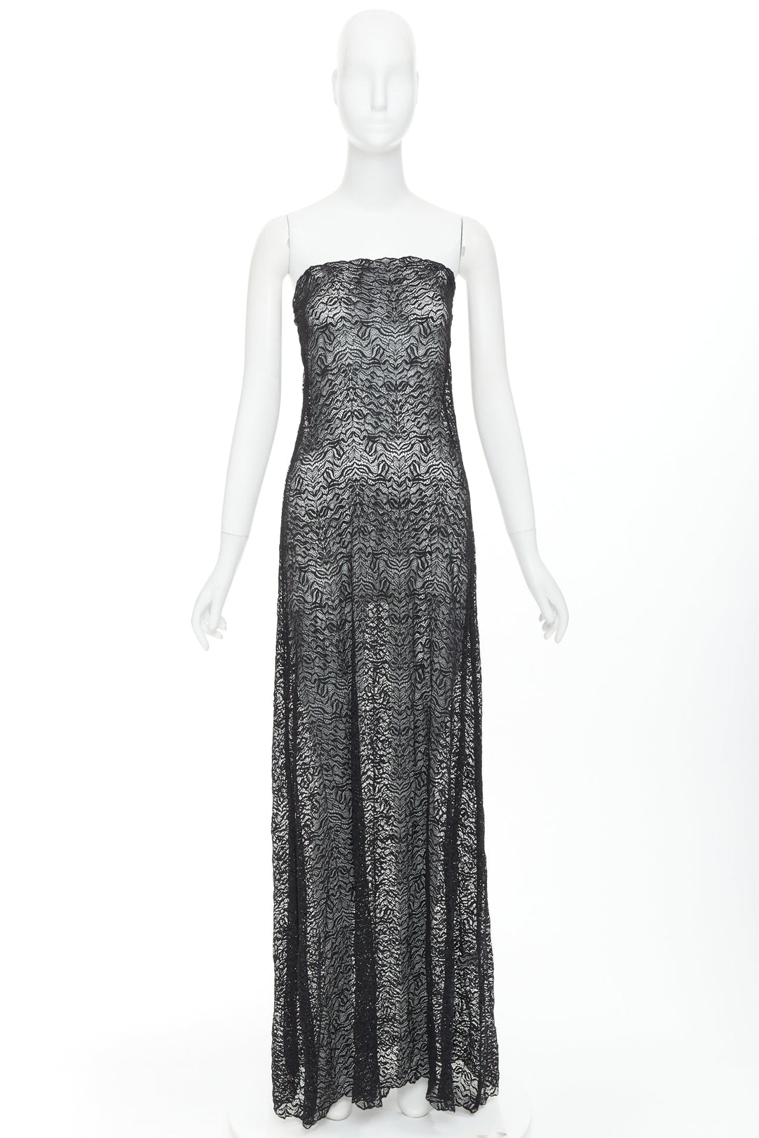 BEAUFILLE Anise black sheer stretch nylon lace knit strapless long dress M