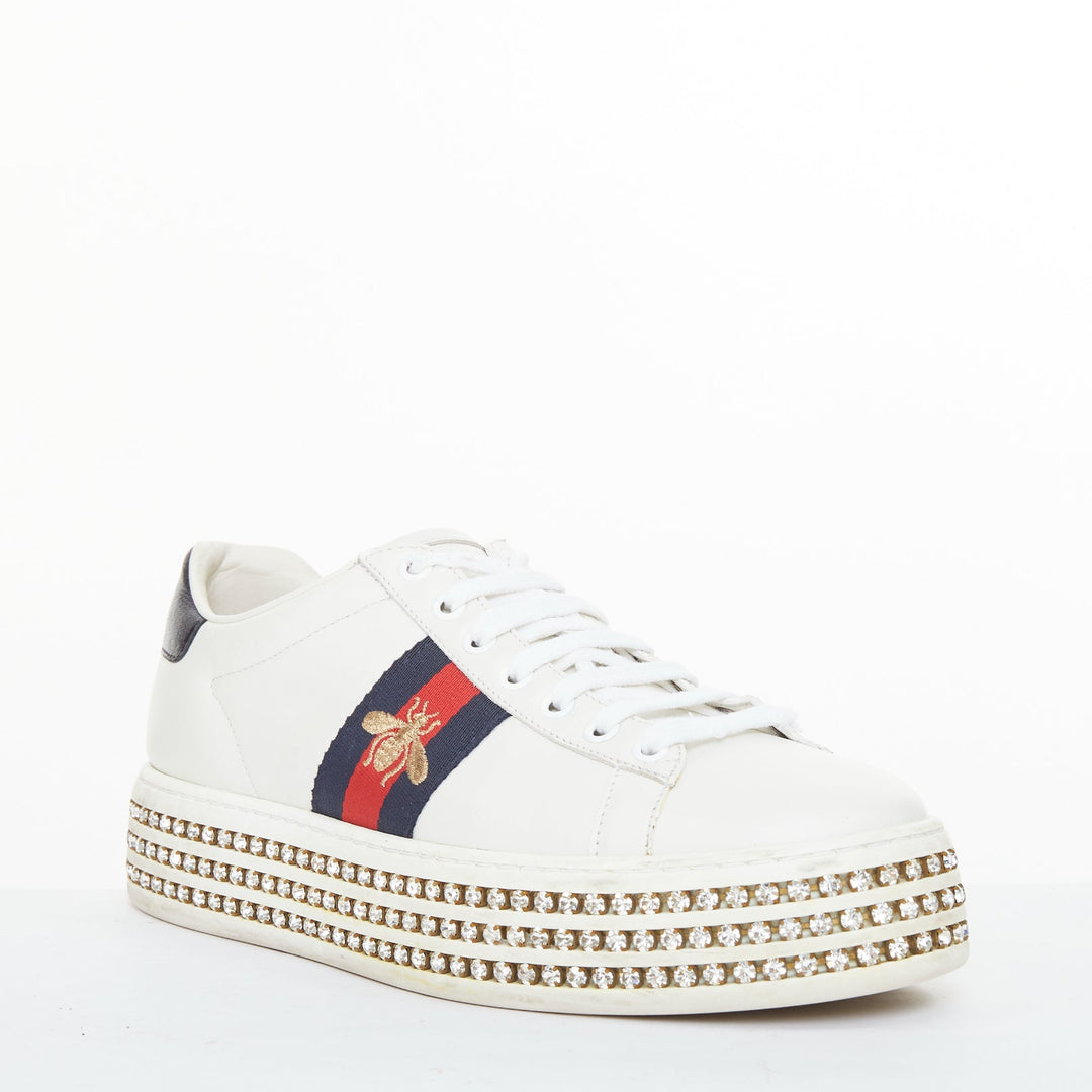 GUCCI 2018 New Ace Crystal Bee embroidered white leather platform sneakers EU38
