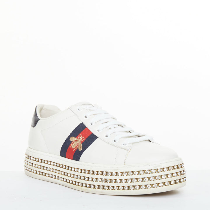 GUCCI 2018 New Ace Crystal Bee embroidered white leather platform sneakers EU38