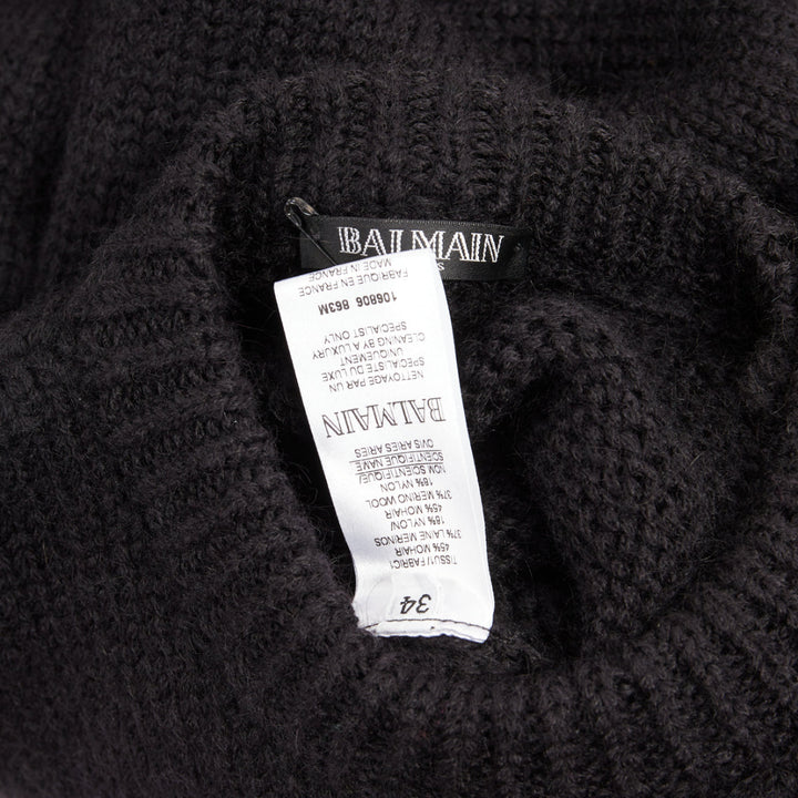 BALMAIN black mohair blend gold lion button crewneck long sleeve sweater FR34 XS