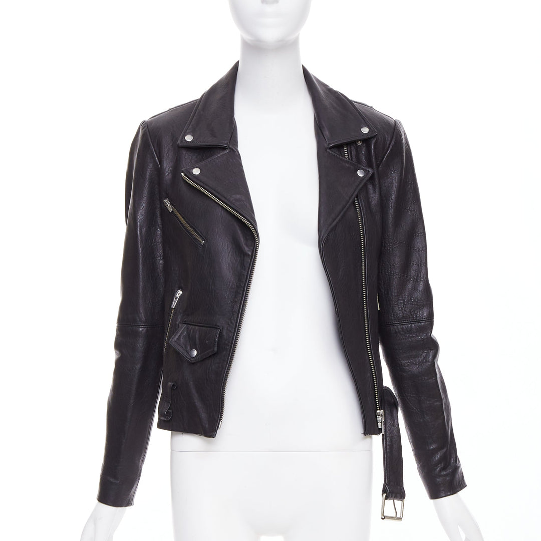 VEDA black lamb leather silver hardware zip moto biker jacket XS