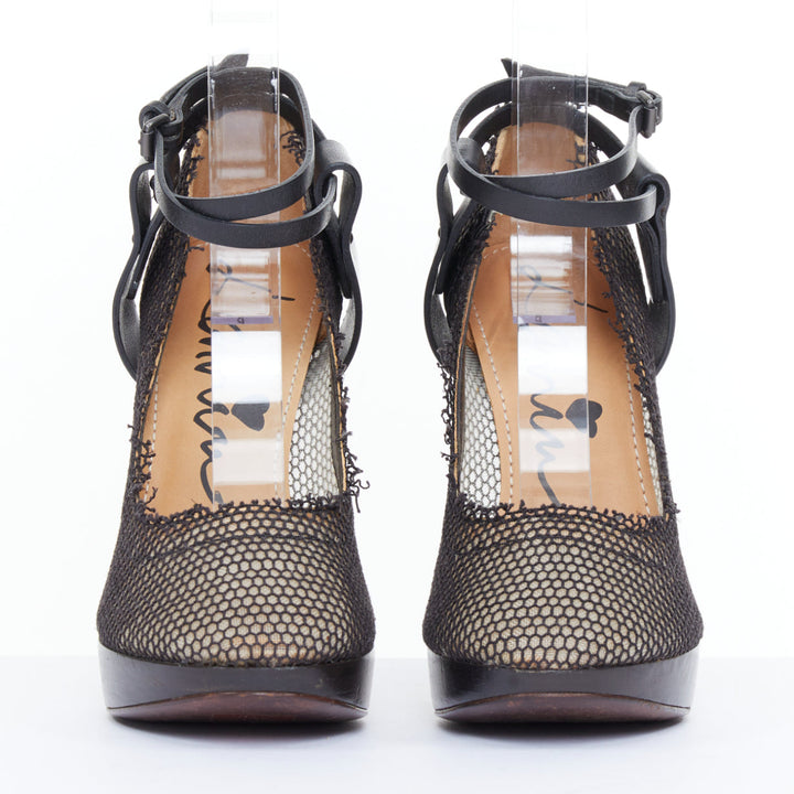 LANVIN 2011 Runway black fishnet mesh ankle harness pin platform heels EU37