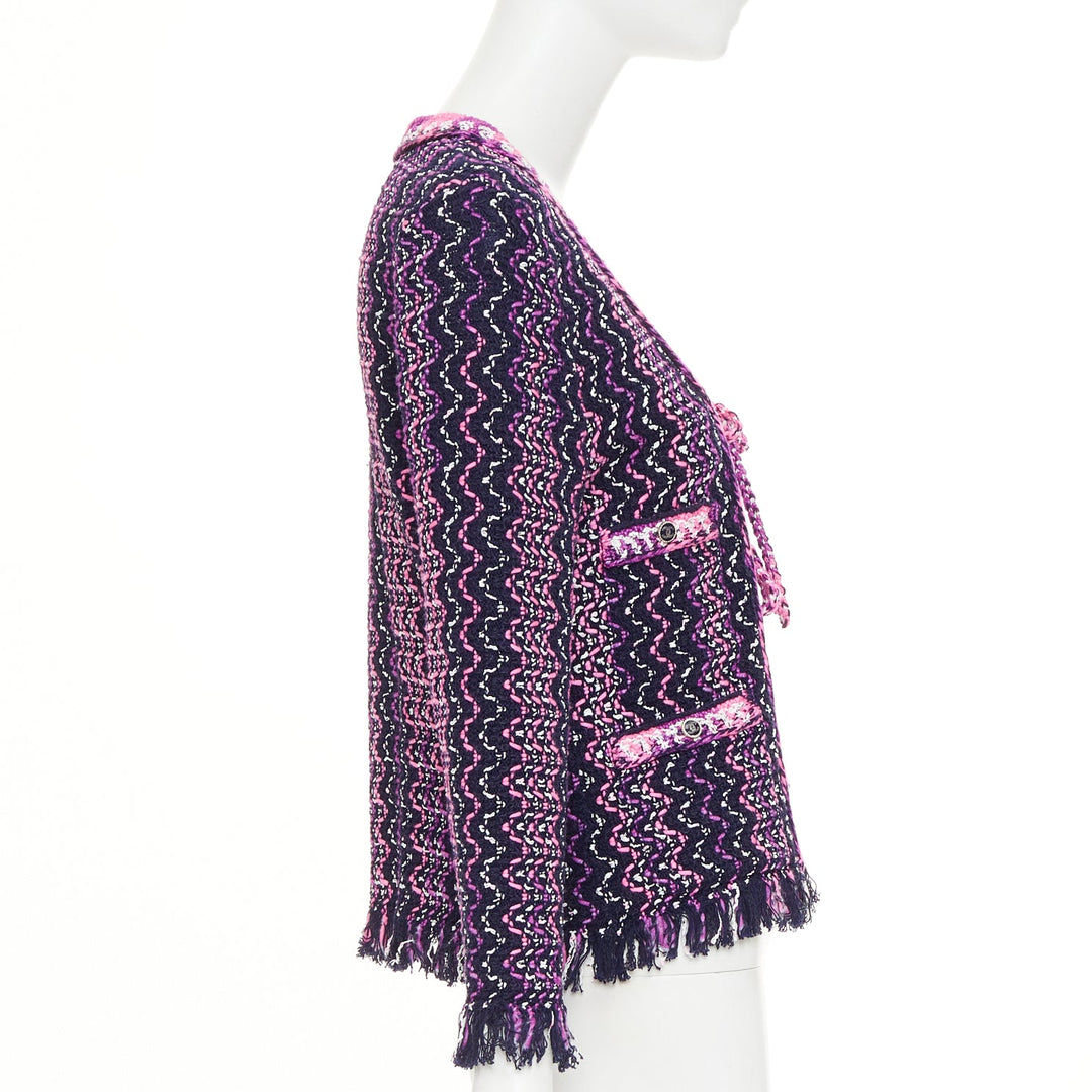CHANEL 2021 P70494 fringe trim tie front tweed chevron cardigan jacket FR34 XXS