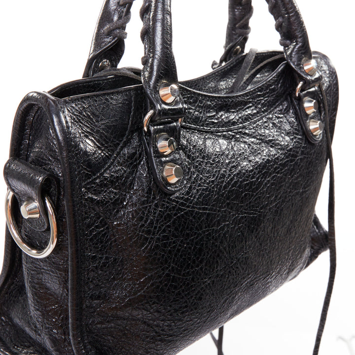 BALENCIAGA Le City Mini black crinkled leather silver hardware crossbody bag