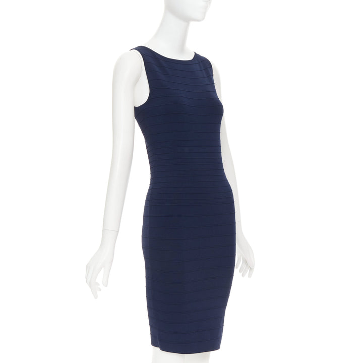 DONNA KARAN navy viscose blend bateau neck bandage bodycon dress S