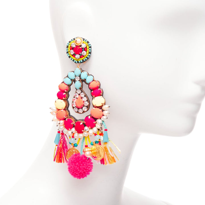RANJANA KHAN neon orange crystal beads multi dangling clip on earrings