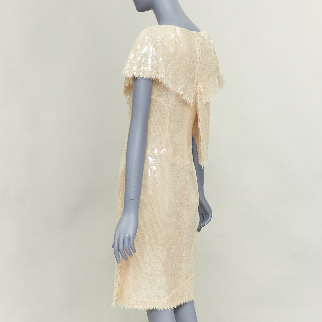 CHANEL Bridal 08P beige sequinned raw edge asymmetric capelet shift dress FR36 S