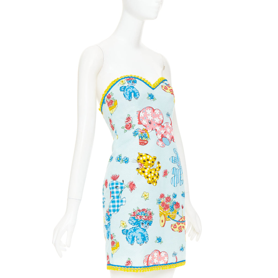 MOSCHINO COUTURE! 2022 Runway Calico Animals blue strapless dress IT38 XS